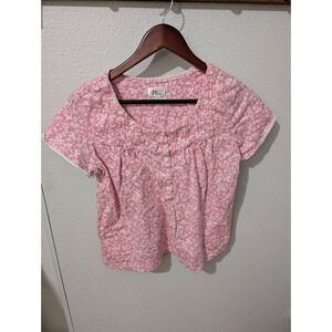 Aria Collection Womens Pajama Top Small Pink Pockets Lace Trim Floral Cotton